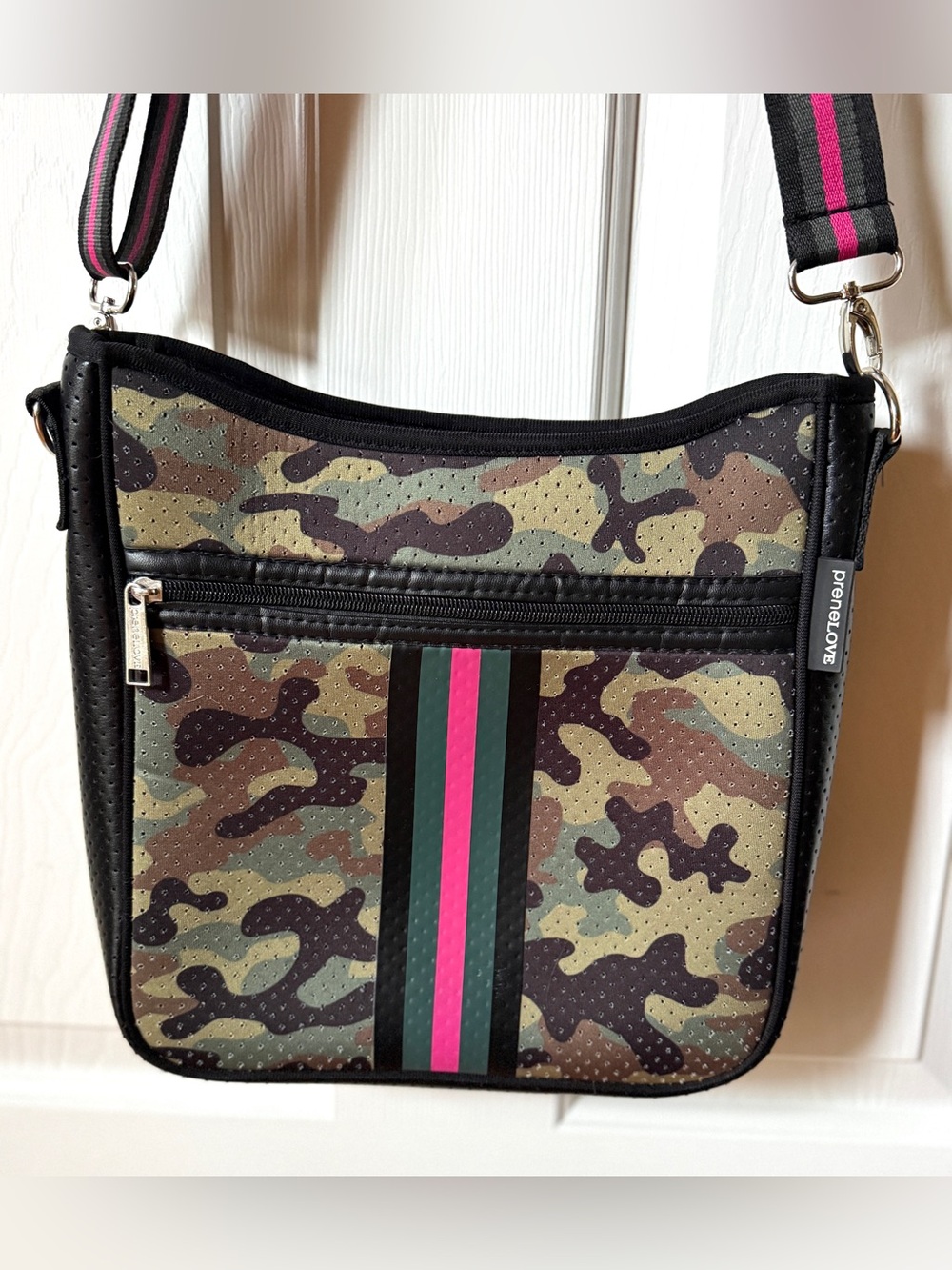 PRENELOVE Camo / Pink Stripe Neoprene Crossbody Messenger Bag